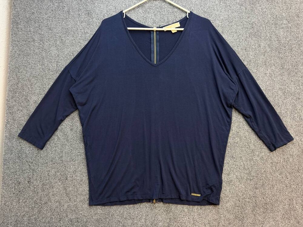 MICHAEL Michael Kors Womens L Navy V Neck Dolman Sleeve Zip Back Top